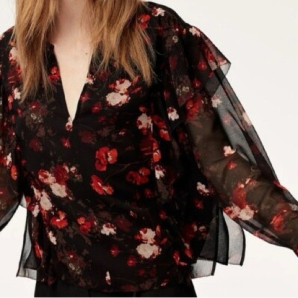 Aritzia Wilfred Lilas black floral ruffle sheer blouse top size Medium